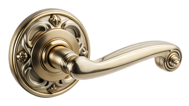 Antique Brass Door Lever with Fleur-de-lis Rosette and Scroll Handle ornate isolated on a transparent background