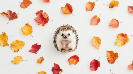 Hedgehog surrounded by autumn leaves