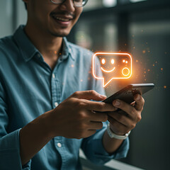 Smiling man using a smartphone receives a positive feedback icon, representing customer satisfaction and digital communication.