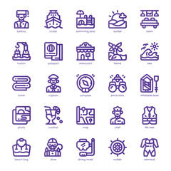 Cruise Vacation Icon pack for your website, mobile, presentation, and logo design. Cruise Vacation Icon line basic color design. Vector graphics illustration and editable stroke.