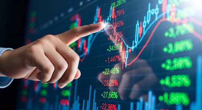 Hand pointing at a glowing stock market trading chart with uptrend and downtrend lines