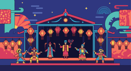 Traditional Asian Performance on Stage with Lanterns and Colorful Decorations