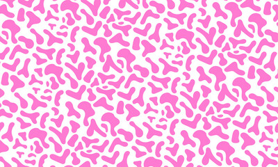 Seamless cow print pattern in pink and white. Abstract animal spots background with organic blotches for textile, fabric, or wallpaper.