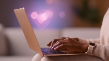 Woman keyboarding on laptop with glowing data stream. Concept of innovative digital technology and artificial intelligence development.
