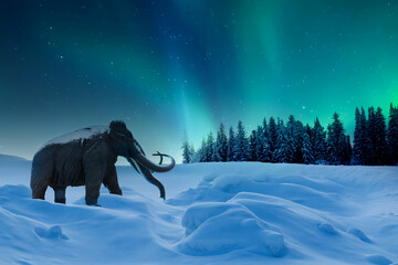 Winter Arctic landscape. Mammoth statue against the backdrop of the northern lights.