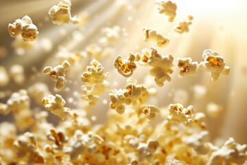 Fresh popcorn popping out of a metal popcorn machine, golden kernels flying in the air with copy space. Bright warm lighting. Movie snack background.