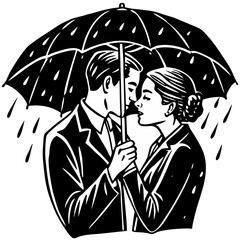 Romantic Couple Kissing Under Umbrella in Rain Illustration
