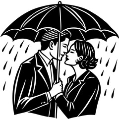 Romantic Couple Kissing Under Umbrella in Rain Illustration