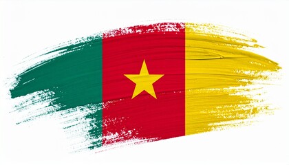 The flag of Cameroon painted in expressive acrylic brush style white background with strong cultural colors