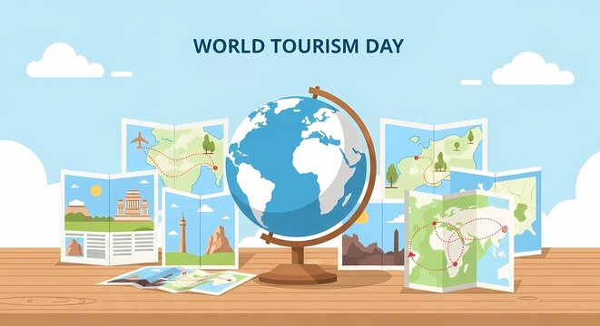 World Tourism Day Globe and Maps Illustration for Commercial Use
