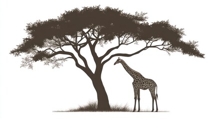 Giraffe under acacia tree silhouette