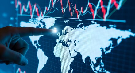 Hand touching glowing world map with financial stock market data charts overlay