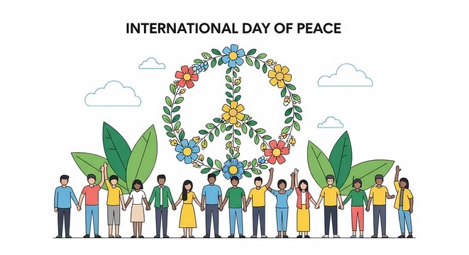 International Day of Peace Illustration with diverse people and flowers