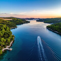 Serene coastal inlet at sunset.  A small motorboat cuts a wake through tranquil waters, framed by lush green coastline and islands