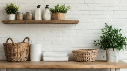 Fototapeta premium Rustic laundry space in farmhouse style with folding table, baskets, and antique decor