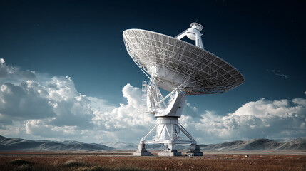 Large radio telescope in a desert landscape under a cloudy sky