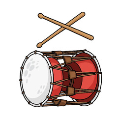 Traditional korean drum, known as janggu, with its distinctive hourglass shape and stretched drumheads, accompanied by two wooden drumsticks
