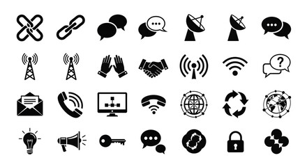 A collection of monochrome glyph icons representing the concept of communication, technology, networking, and security on a white background