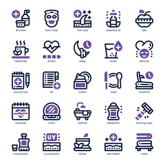 Selfcare Routine Icon pack for your website, mobile, presentation, and logo design. Selfcare Routine Icon dual tone design. Vector graphics illustration and editable stroke.