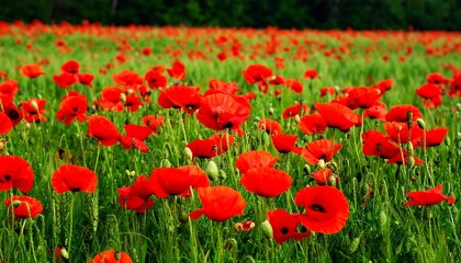 Fototapeta premium Vibrant red poppy field in a green field