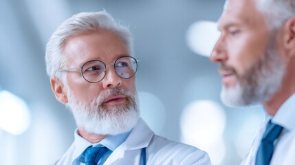 Caucasian man doctor in lab coat conversing with colleague. Medical professional discussion, telemedicine and healthcare technology concept.
