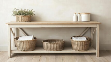 Fototapeta premium Rustic laundry space in farmhouse style with folding table, baskets, and antique decor