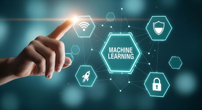 Human finger interacting with glowing digital interface showing machine learning and technology icons