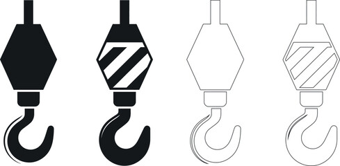 Crane Hook Icons Set Industrial Lifting Equipment in Black and White