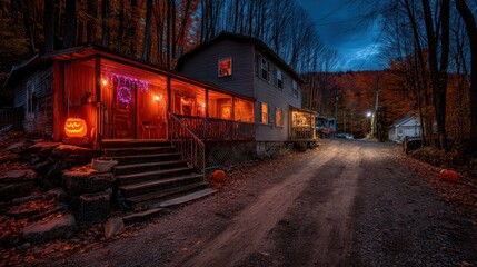 Naklejka premium Halloween pumpkins on the street. Glowing outdoor decorations with pumpkins and orange garlands on the house porch