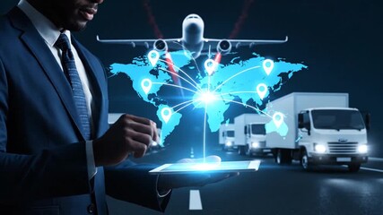 Businessman using tablet to manage global logistics with airplanes and trucks on a digital world map - Powered by Adobe