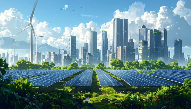 Futuristic city with solar panels