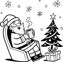 Santa Claus Relaxing with Hot Drink by Christmas Tree, Cozy Holiday Cartoon Illustration