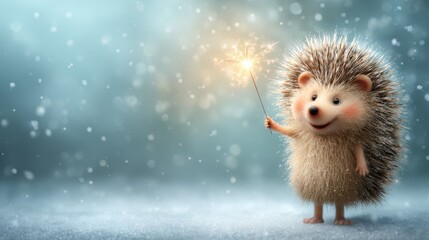 Funny New Year's eared hedgehog in a red Santa hat on a magical background with colorful bokeh lights. White albino hedgehog close-up. The concept of Christmas or New Year. Copy space for text