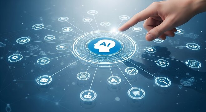 Human finger touches glowing ai icon connecting to a network of digital service icons