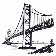 Obraz premium Monochrome illustration of a suspension bridge with cables over water and distant shore