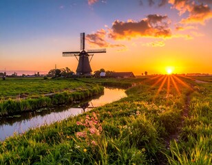 Picturesque Dutch windmill at sunset over a canal