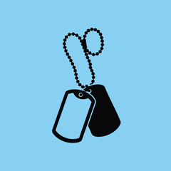 Black silhouette of military dog tags hanging on a ball chain against a solid light blue background