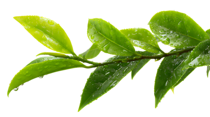 Fresh Green tea leaves , rain drops on leaves isolated on a transparent background