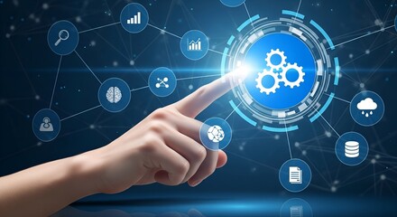 Fototapeta premium Human finger touching glowing digital interface with gears and network icons