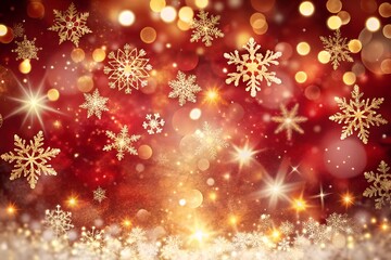 Festive Holiday Background with Golden Snowflakes Sparkling Lights and a Red Gradient for Christmas