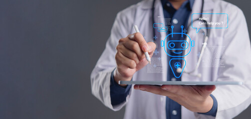 Doctor uses AI chatbot on tablet in clinic for telemedicine diagnosis consultation triage patient support healthcare virtual assistant medical data insight efficiency care innovation