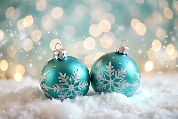 Two Teal Christmas Ornaments with Snowflake Design on Fluffy Snow Against a Bokeh Background