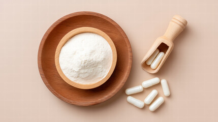 Animal collagen in nutraceuticals powder and capsules displayed on wooden bowl and scoop for health and beauty supplement concept