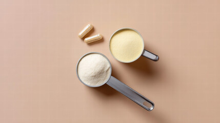 Animal collagen in nutraceuticals shown as powder and capsules on beige background for health and beauty supplement concept