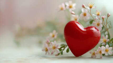A vibrant red heart symbol rests amongst delicate white and pink wildflowers in a soft focus background