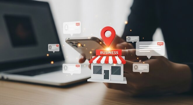 Hands using smartphone with 3D store, location pin, laptop, and chat bubbles symbolizing online business growth