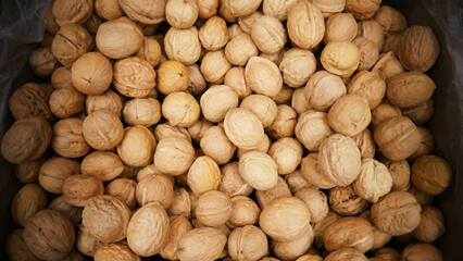 Close-up of many walnuts in shell in a box