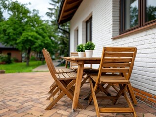 Obraz premium Rustic farmhouse patio with brick floor, outdoor dining, and potted plants