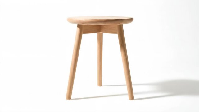 A simple, natural wood three-legged stool with a smooth, rounded seat and slender tapered legs stands against a stark white background, casting a gentle shadow.