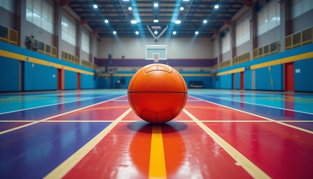 a orange dodgeball rests on the polished gym floor, the colorful boundary lines forming a geometric pattern, with the bright overhead lights reflecting on the smooth surface, creating a dynamic sense 